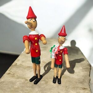 Vintage Italian Wooden Pinocchio Figurines – Hand-Painted – Set of 2